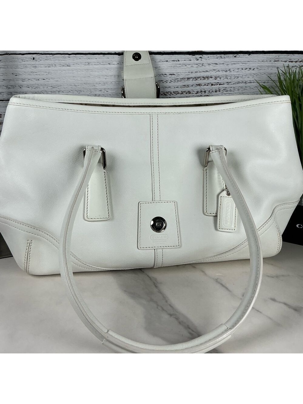 Coach Buckle Vintage Hand Shoulder Bag Soho‎ White Leather Satchel Silver Hardwa - Picture 7 of 16